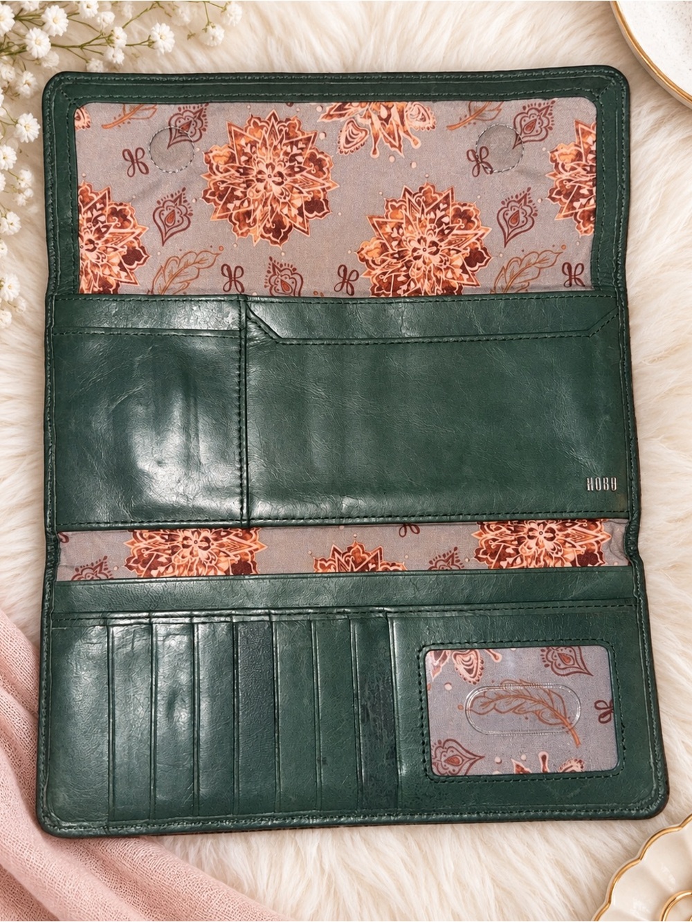 HOBO Dark Green Leather Continental Wallet with Floral Lining